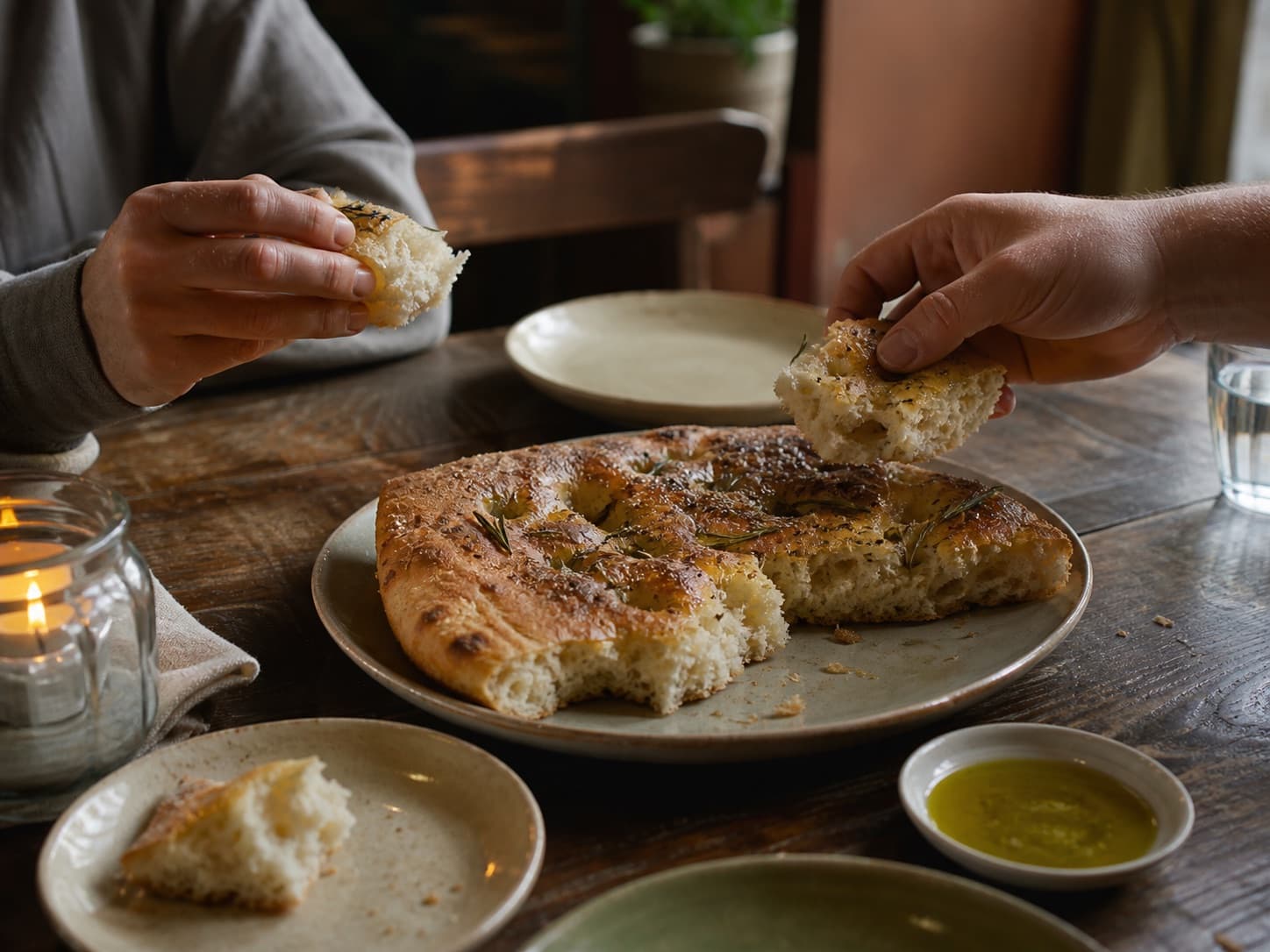 Rosmariinifocaccia jaetaan pöydässä lämpimänä.